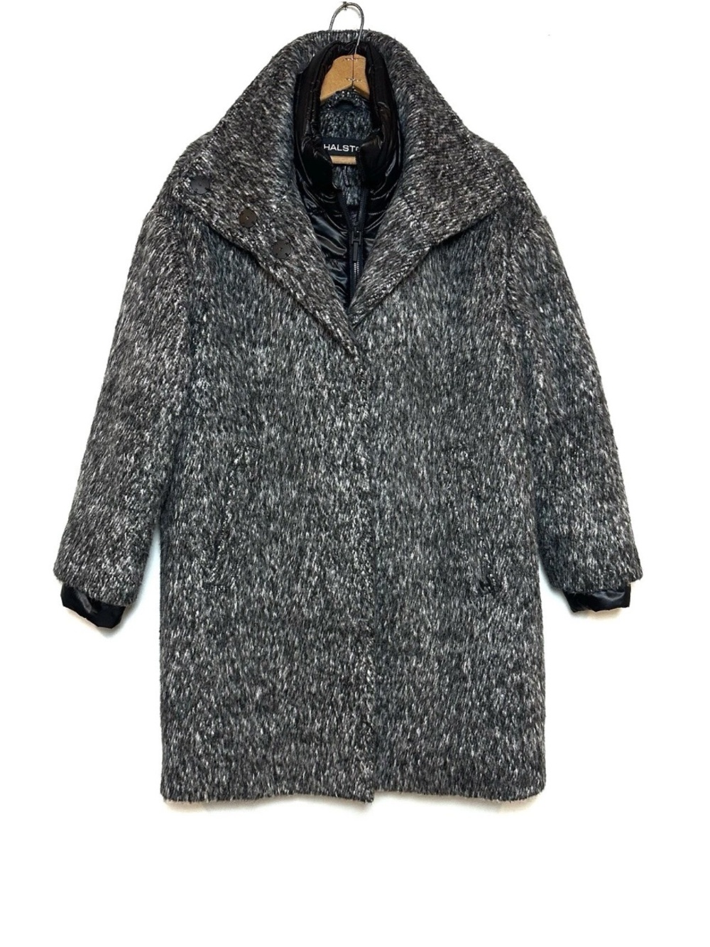 Halston Wool Blend Layered Coat Puffer Lined Gray Black